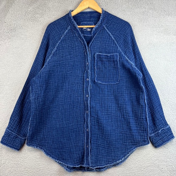 aerie Tops - Aerie Womens Blue Cotton Double Gauze Frayed Raw Edge Button Down Shirt Small